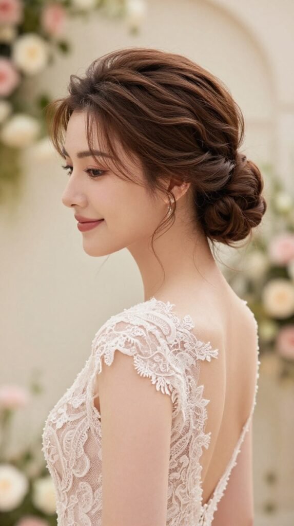 2. Soft Textured Low Chignon With Loose Face-Framing Pieces