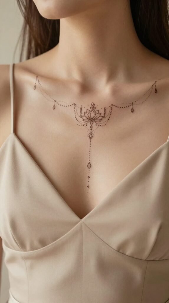 1. Fine-Line Sternum Ornamental Tattoo With Chandelier Details