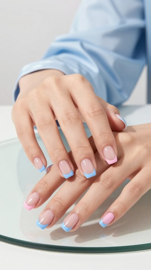 Pink and Blue French Tip Nails: 18 High-Quality Designs Worth Saving 3 3. Pink and Blue French Tip Nails Simple With a Clear Gloss Base
