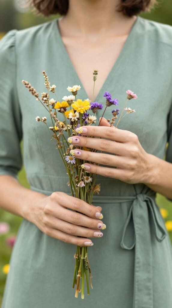 4. Cute August Nails With Pressed Flower Accents and Nude Bases
