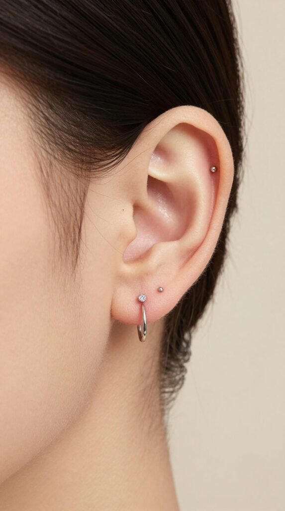 3. Triple Lobe Ear Piercing In A Soft Graduated Row