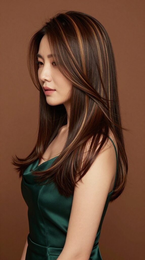 1. Long Hair Colour Highlights With Fine Toffee Ribbons