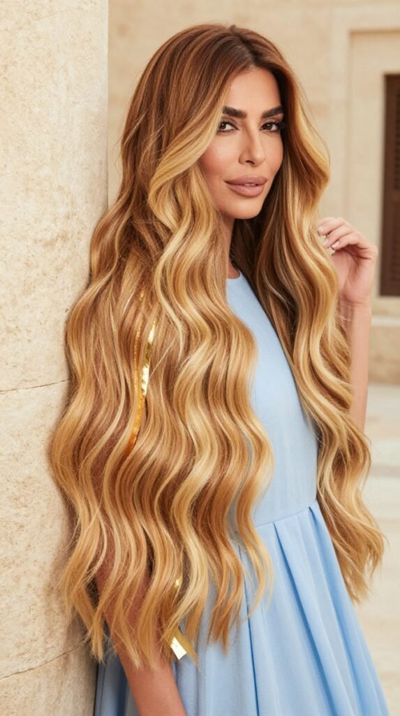 5. Long Hair Colour for Women: Honey Blonde With a Soft Brunette Root