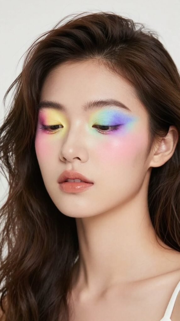 7. Watercolor Rainbow Whimsy Makeup Ideas With Blended Pastels