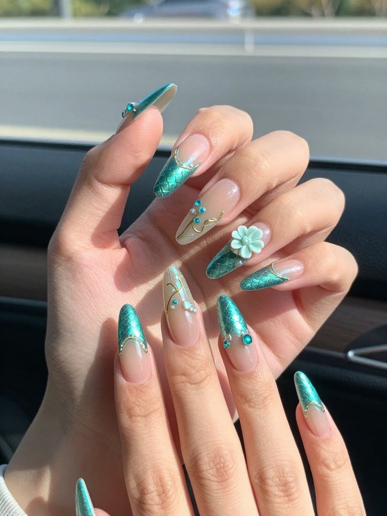 Mermaid Chrome Lollapalooza Nails With Aqua Flowers