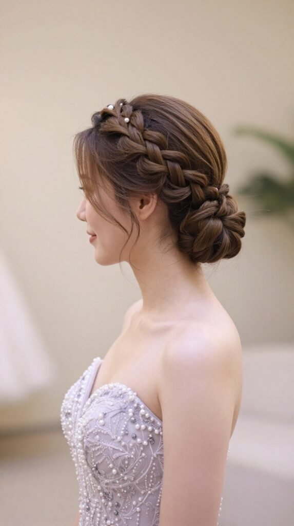 3. Wedding Low Buns With a Braided Crown for Romantic Detail