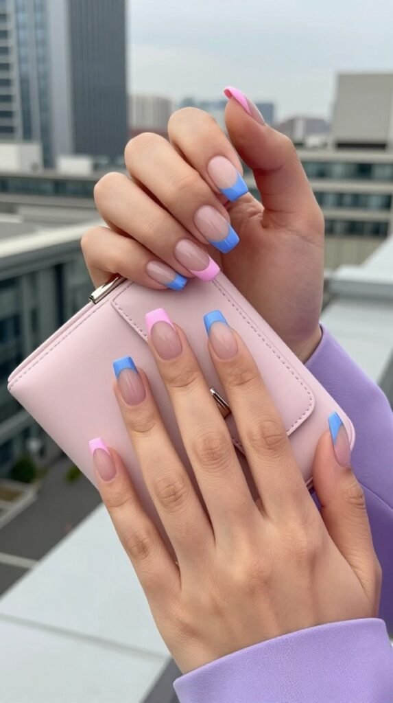 Pink and Blue French Tip Nails: 18 High-Quality Designs Worth Saving 4 4. Pink And Blue tips Nails With a Clean Center Divide