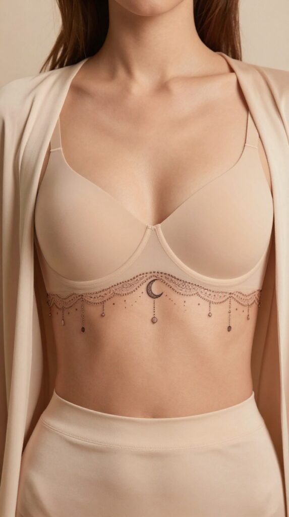 4. Underboob Ornamental Tattoo With Lace Crescent Lines