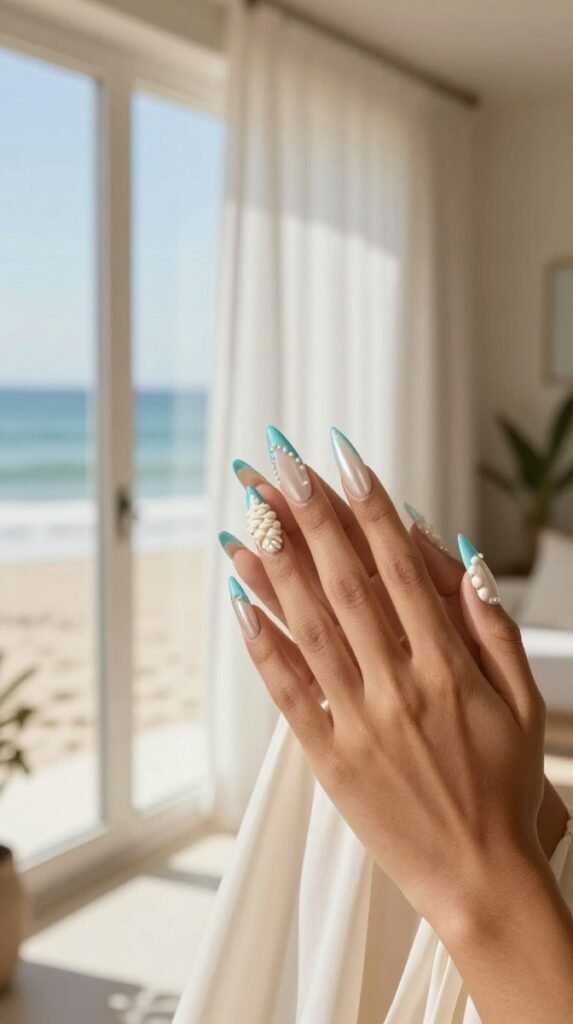 5. Sculpted Seashell Nails With Pearl Details