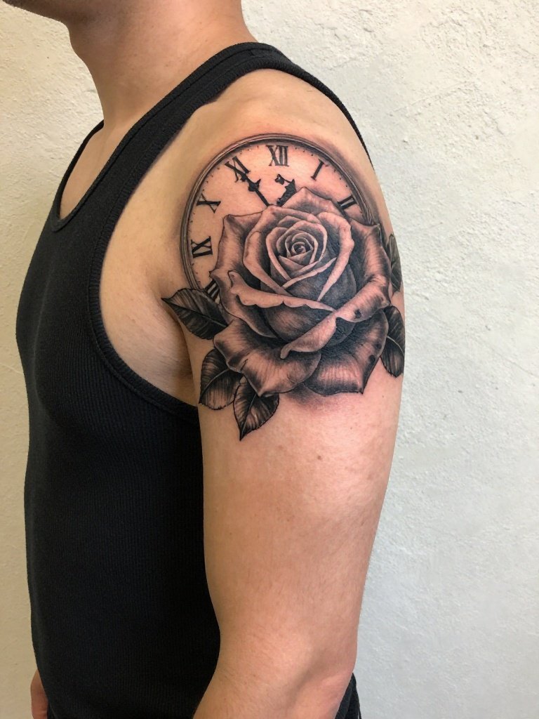 4. Rose And Clock Shoulder Tattoo Men Idea With Roman Numerals
