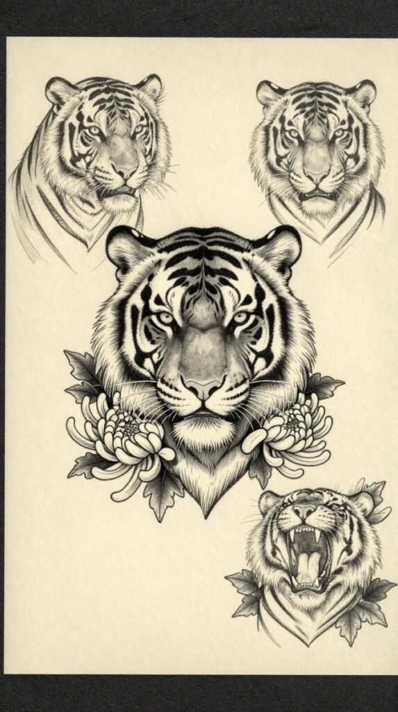 2. Neo-Traditional Tiger and Chrysanthemum Shoulder Stencil for Men