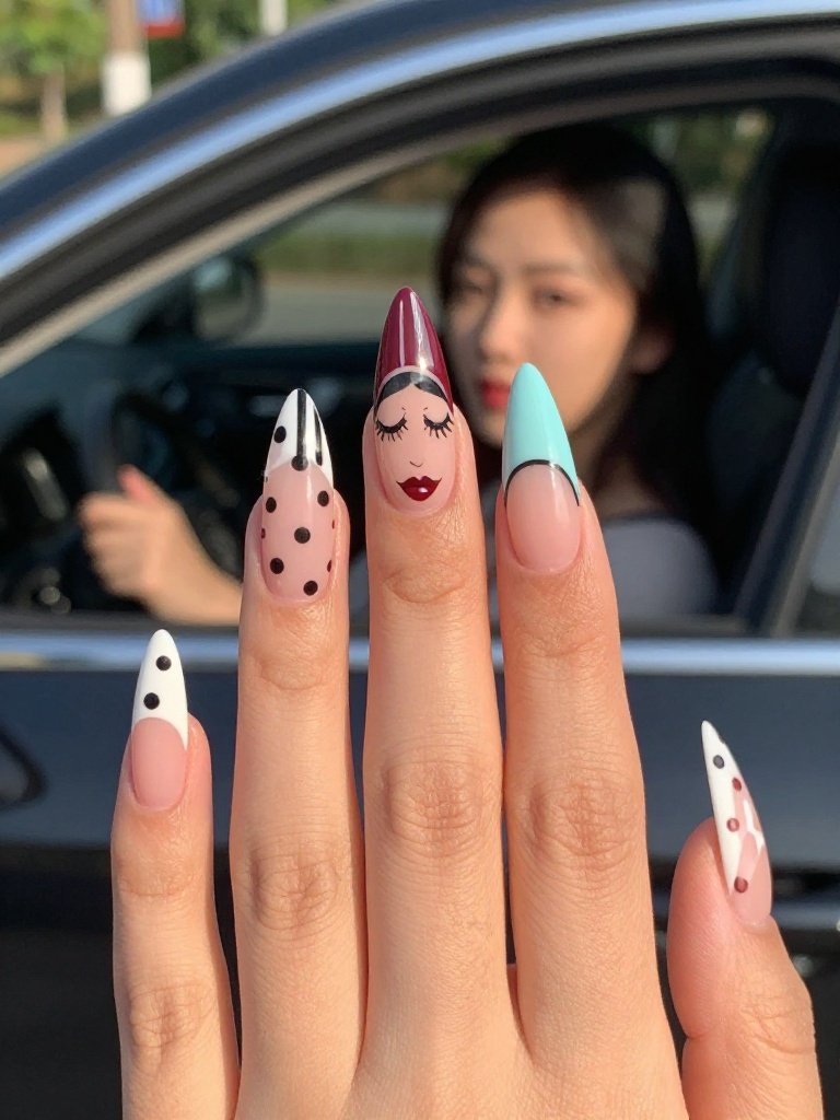 Lollapalooza Nails Art With Faces and Polka Dots