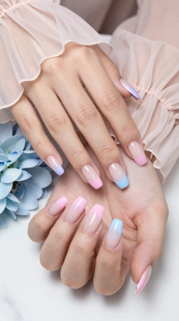 Pink and Blue French Tip Nails: 18 High-Quality Designs Worth Saving 5 5. Pink and Blue French Tip Nails Coffin With Soft Ombre Ends