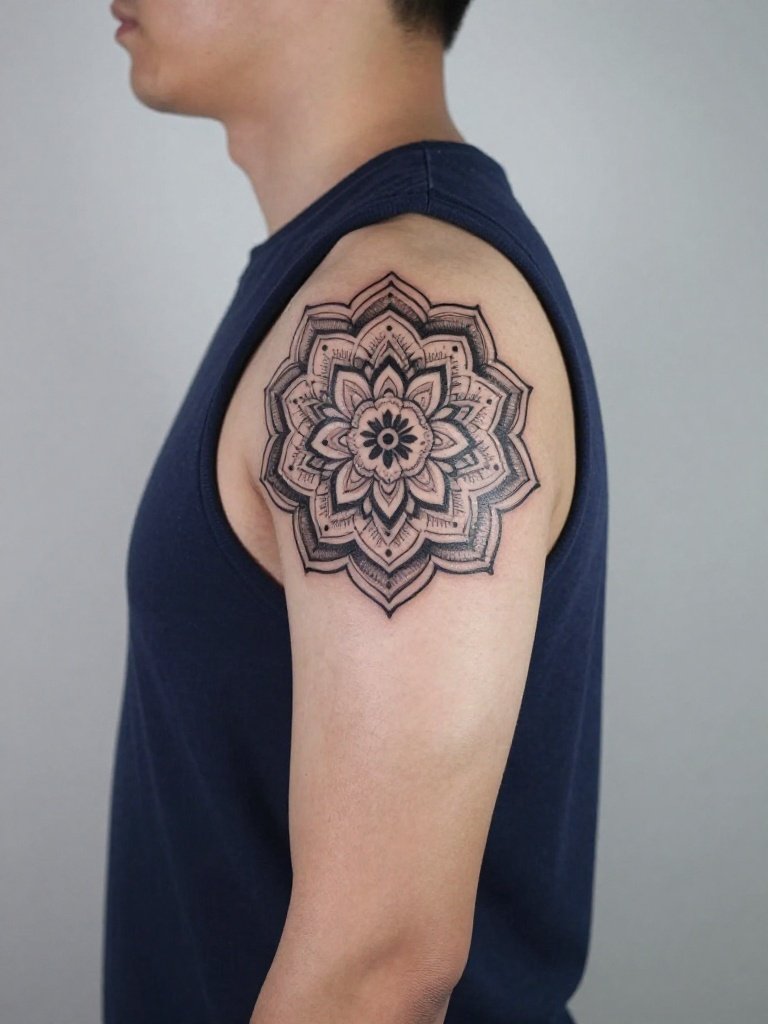 9. Mandala Shoulder Cap With Dotwork Symmetry