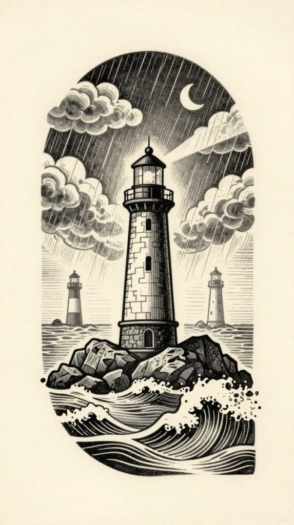 7. Woodcut Lighthouse in a Storm Stencil for Men