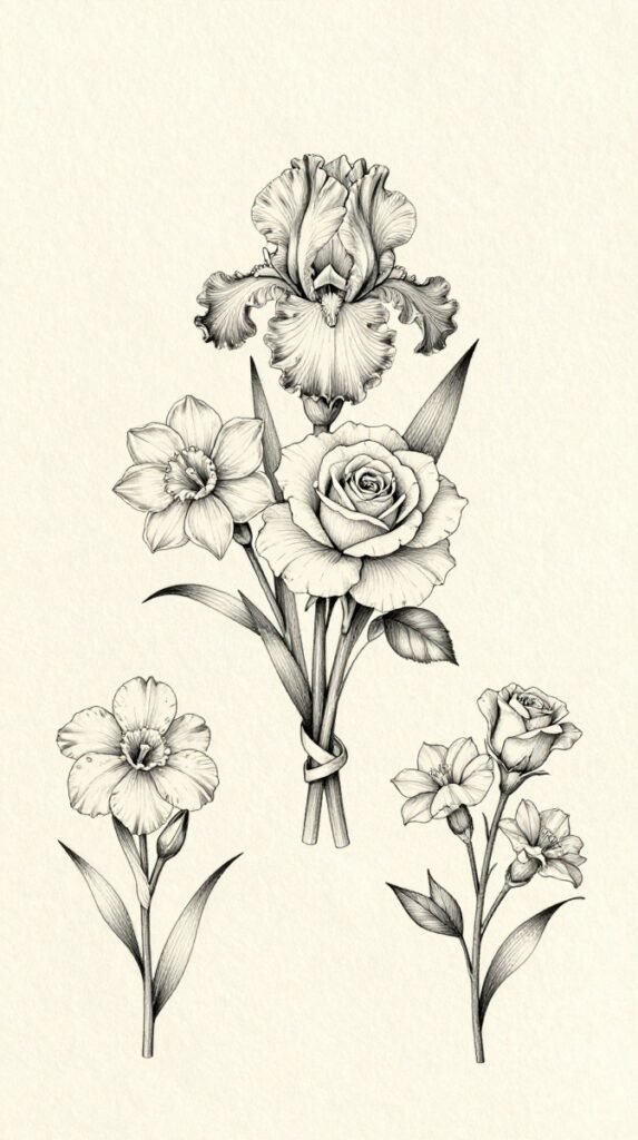11. Fine-Line Birth Flower Bouquet Stencil for Women