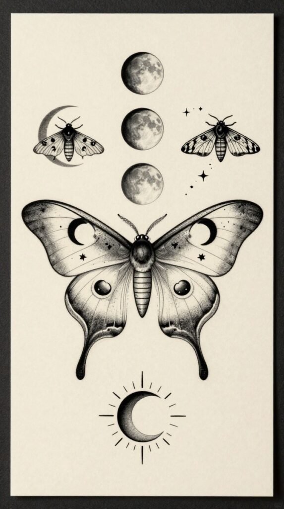 13. Celestial Luna Moth and Moon Phase Stencil for Women