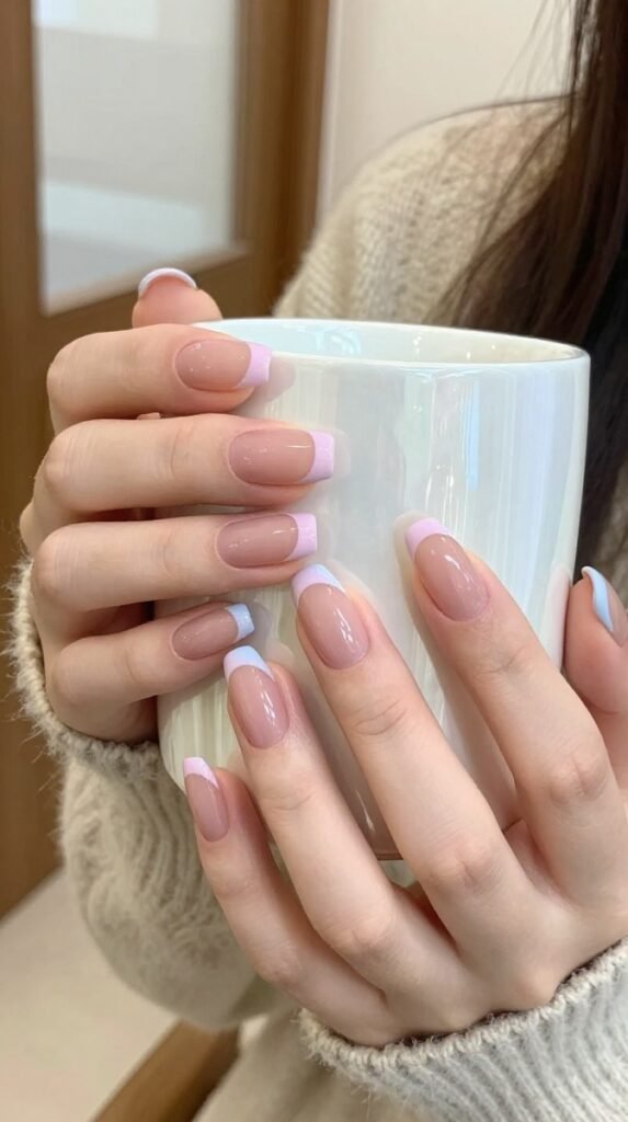 Pink and Blue French Tip Nails: 18 High-Quality Designs Worth Saving 1 1. Pink and Blue French Tip Nails Almond With a Sheer Blush Base