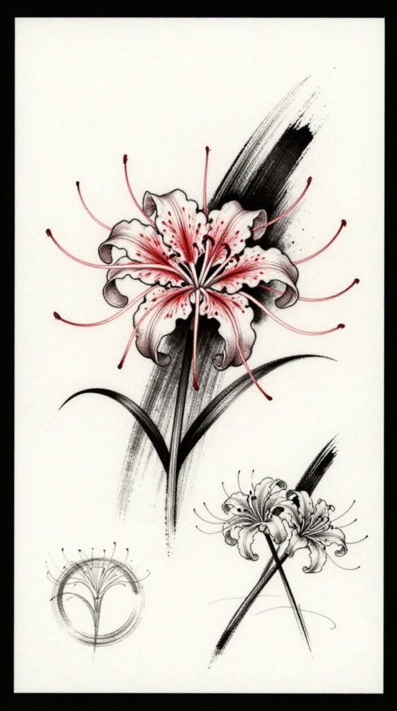 15. Red Spider Lily and Black Brushstroke Stencil for Women