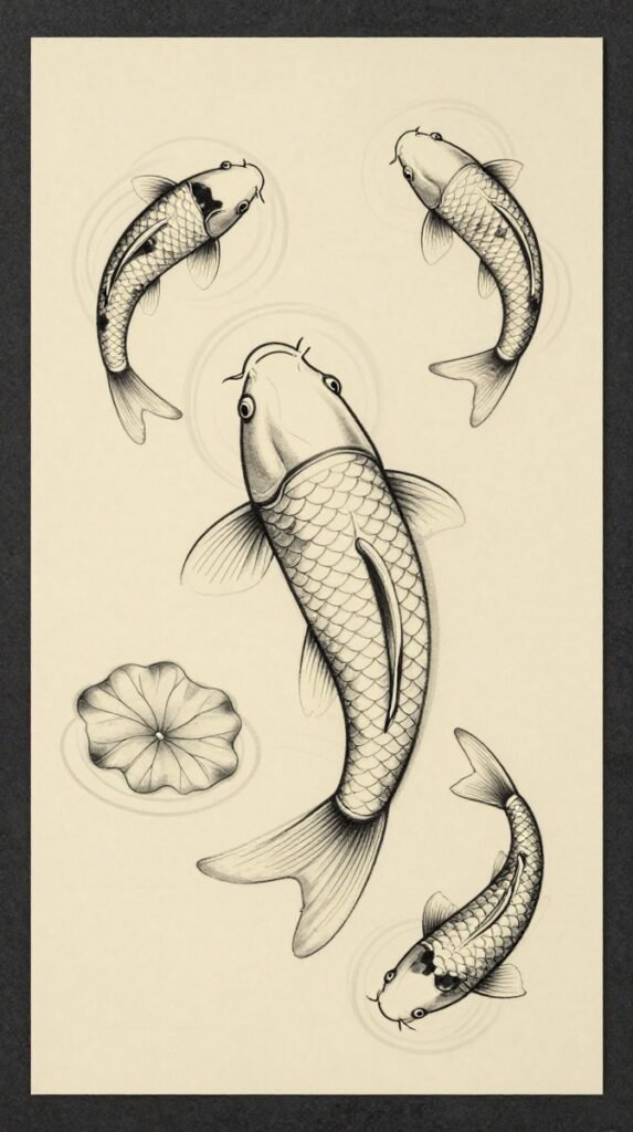 16. Tattoo Stencils for Woman: Flowing Koi and Water Ripples