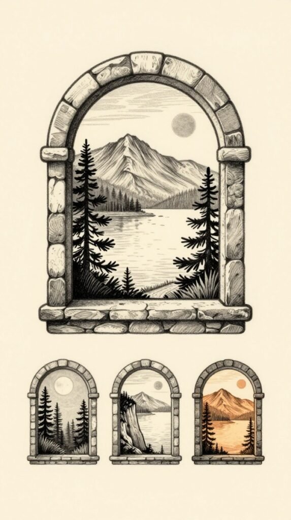 19. Micro-Realistic Arched Window Landscape for Women
