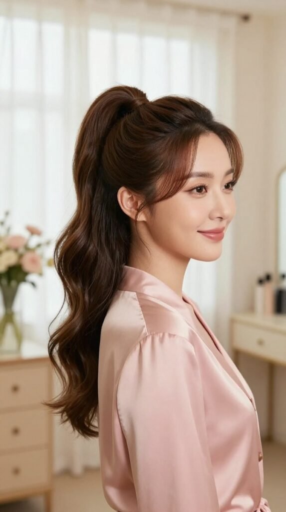 3. Soft Wavy High Ponytail Hairstyle For Romantic Movement