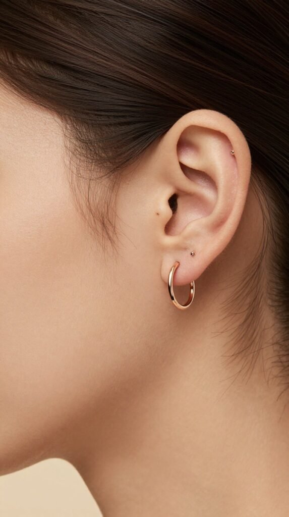 6. Double Helix Ear Piercing With Tiny Twin Hoops