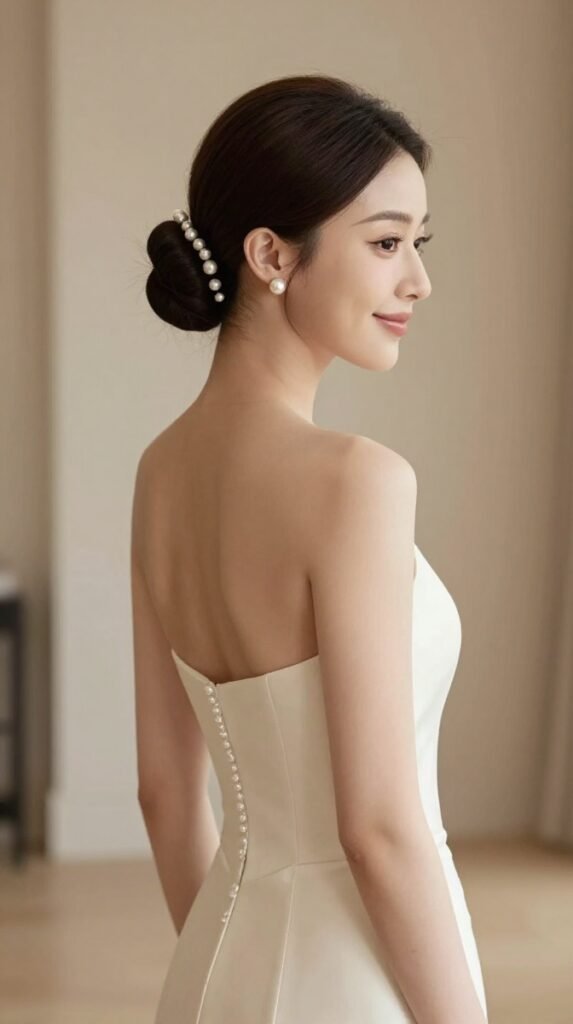 5. Hair Buns for weddings With a Low Ballerina Shape and Pearl Pins