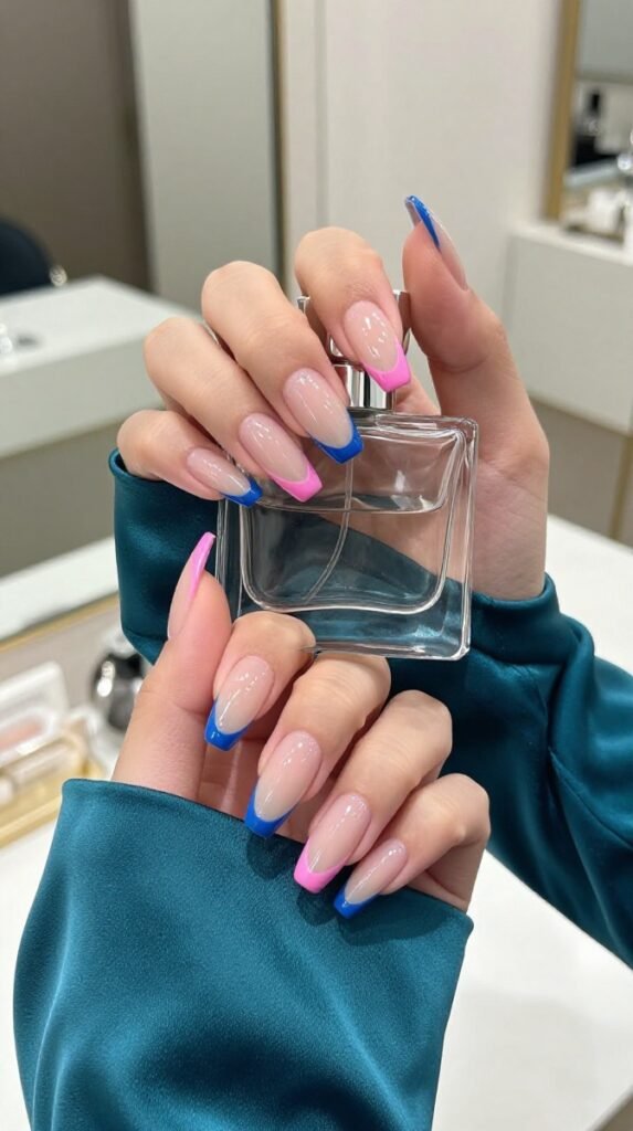 Pink and Blue French Tip Nails: 18 High-Quality Designs Worth Saving 6 6. Pink and Blue French Tip Nails Acrylic Set With High Gloss
