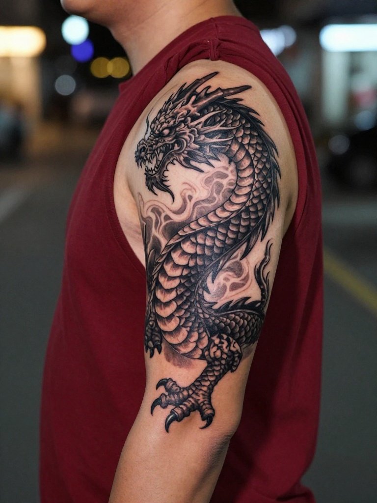 11. Dragon Shoulder Tattoo Men Wrap With Scale Detail