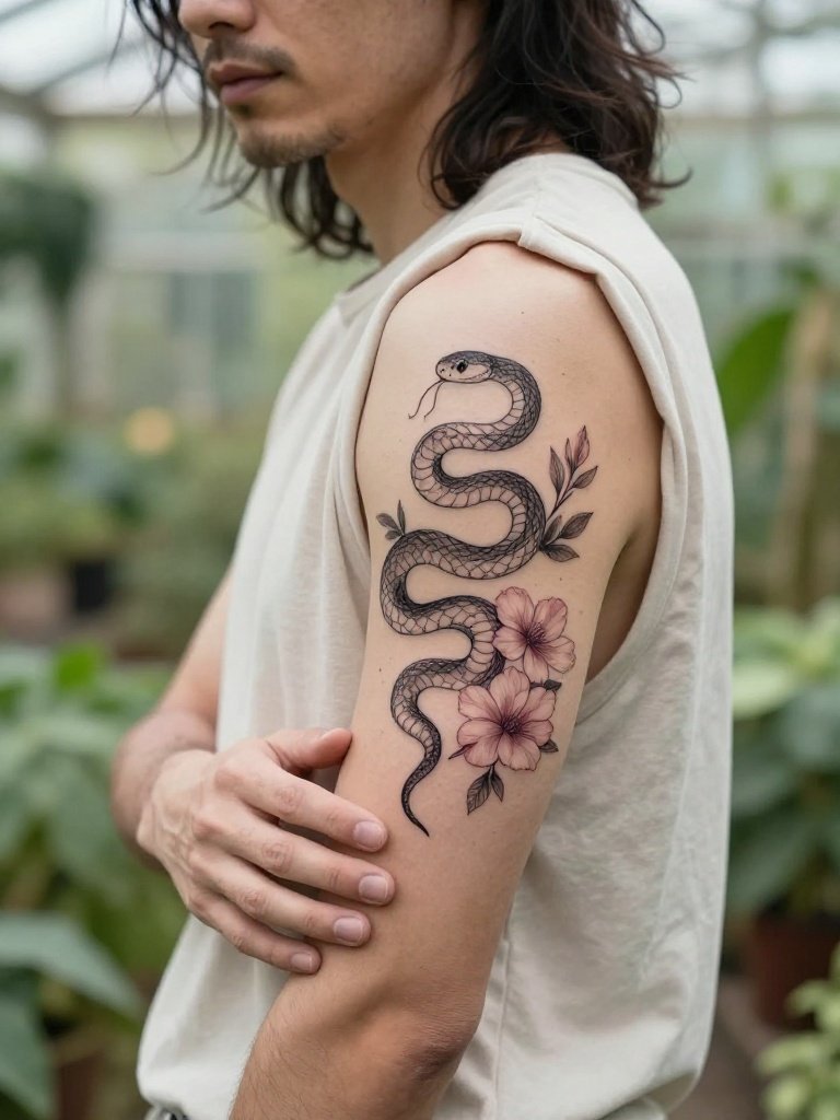 6. Fine-Line Snake and Floral Forearm Tattoo Men Idea