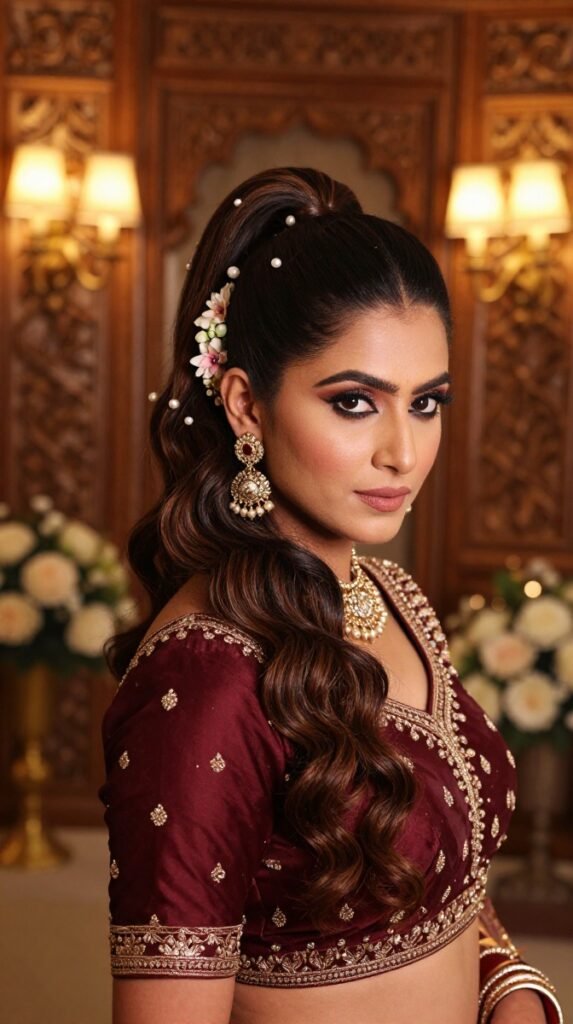 4. Ponytail Hairstyle For Indian Wedding With Embellished Bridal Detail