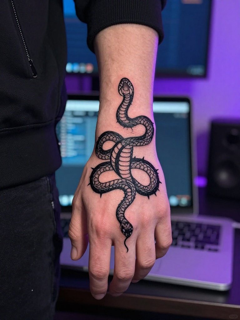 Cybersigil Snake Hand Tattoo Men Blackwork Emblem