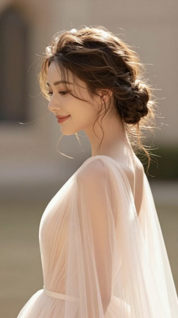 6. Wedding Messy Bun Updo With Loose Tendrils and Piecey Texture