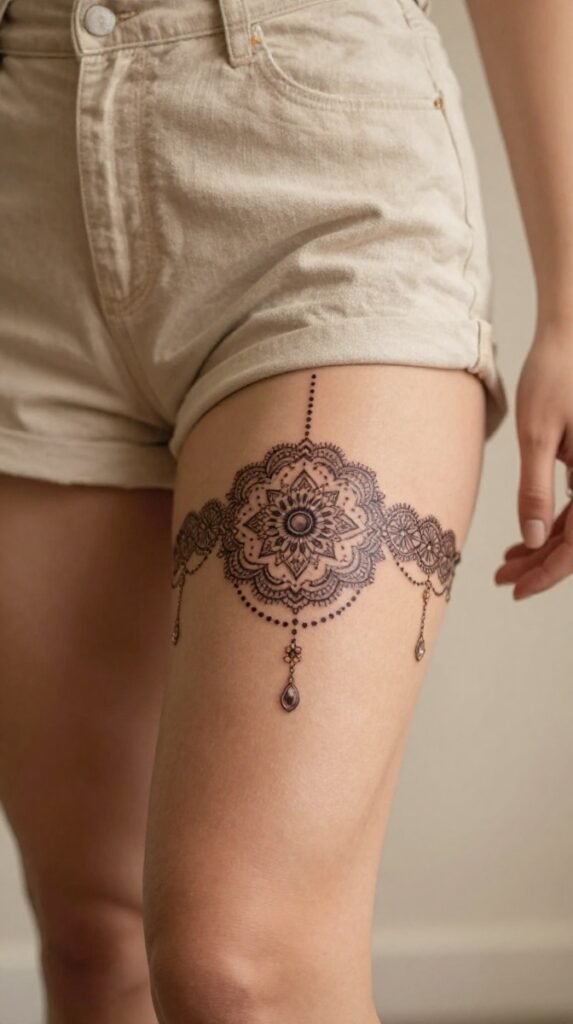 6. Thigh Garter Ornamental Tattoo With Mandala Lace
