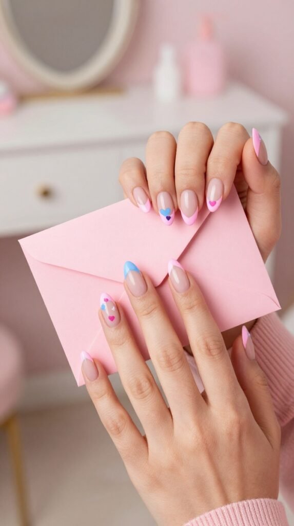 Pink and Blue French Tip Nails: 18 High-Quality Designs Worth Saving 7 7. Pink and Blue French Tip Nails With Tiny Heart Accents