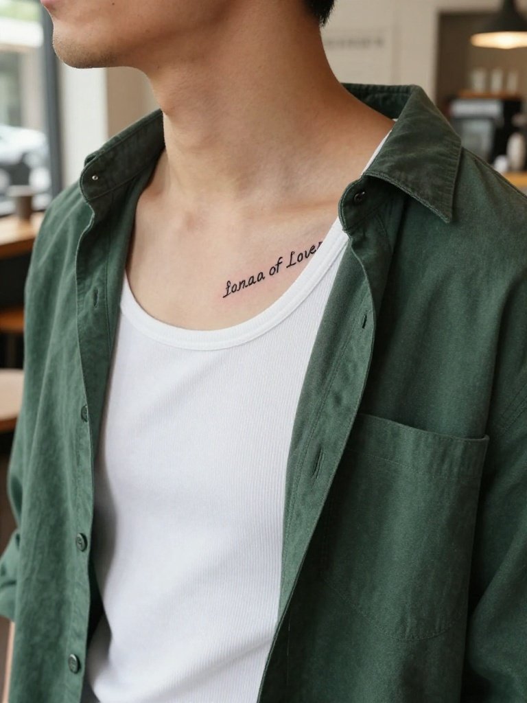 13. Front Shoulder Tattoo Male Idea With Minimal Script
