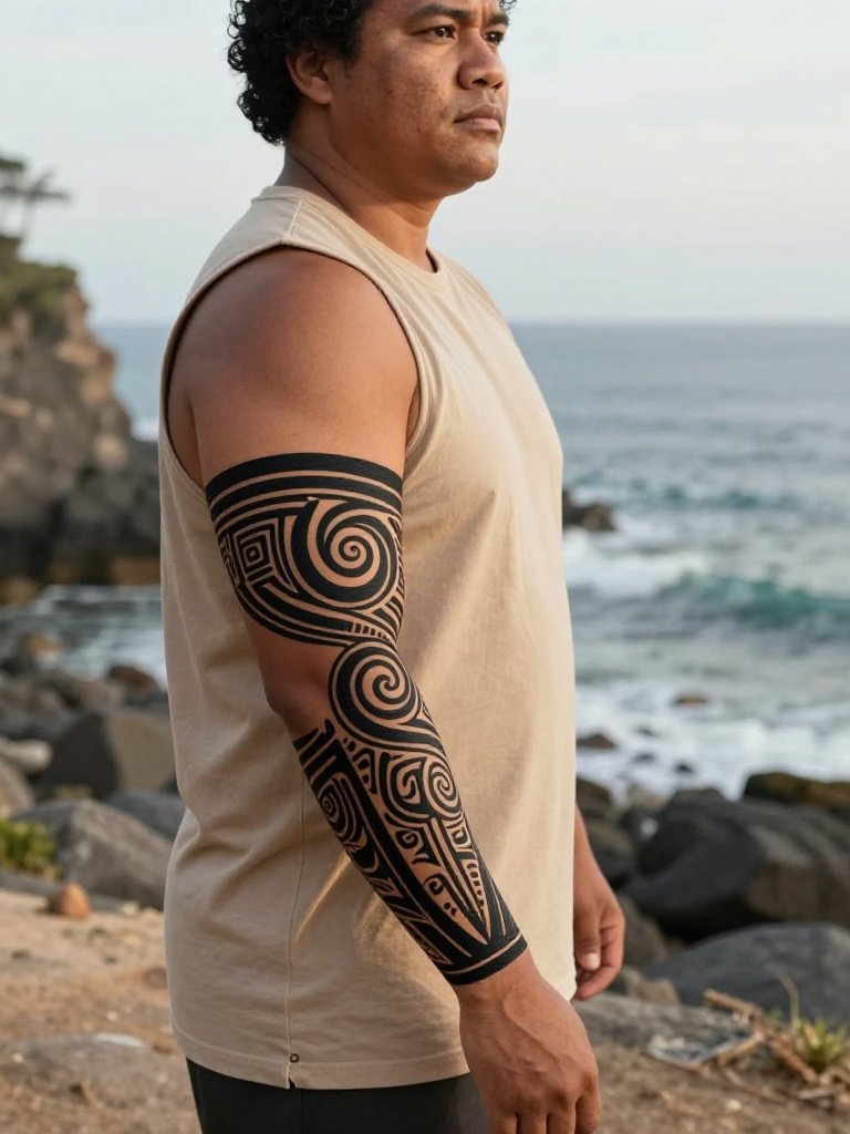 8. Polynesian-Inspired Full Forearm Tattoo Men Wrap