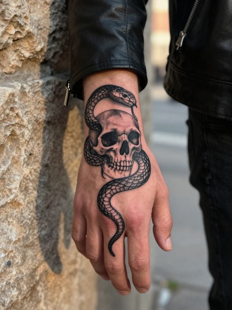 Snake Tattoo On Hand Meaning Skull Snake Hand Tattoo