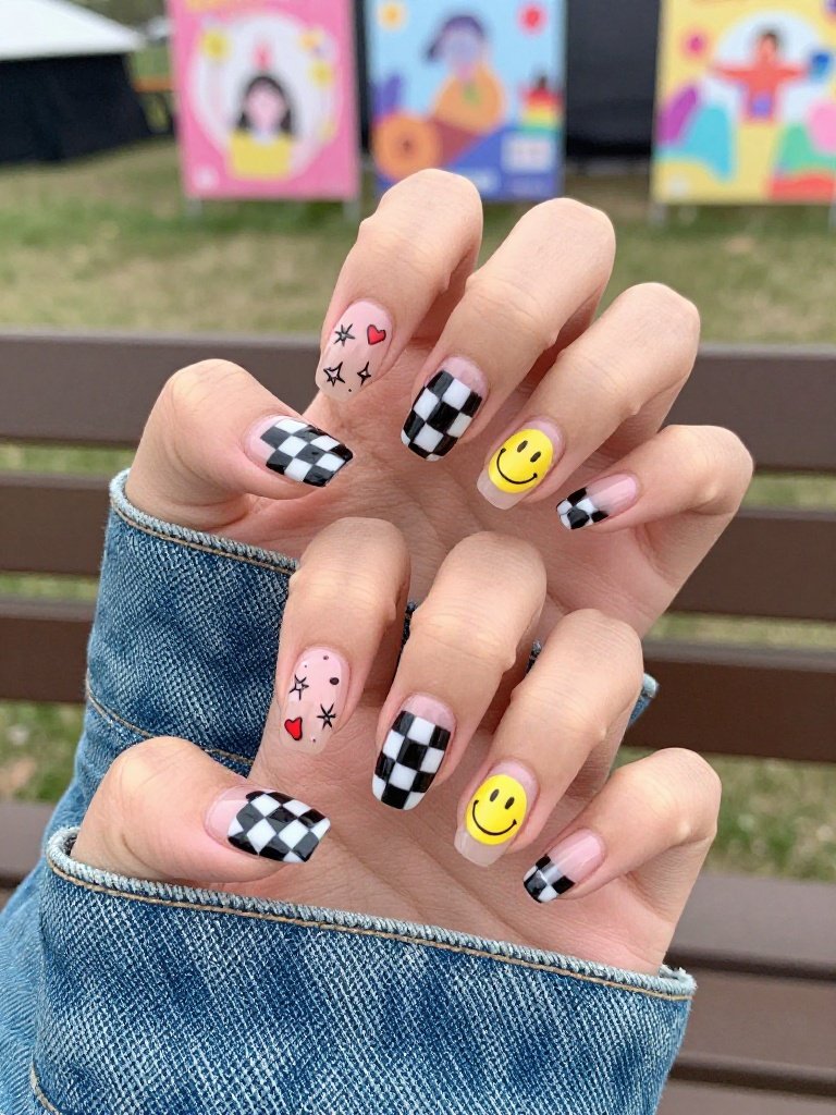 Checkerboard Lollapalooza Nails With Smiley Faces