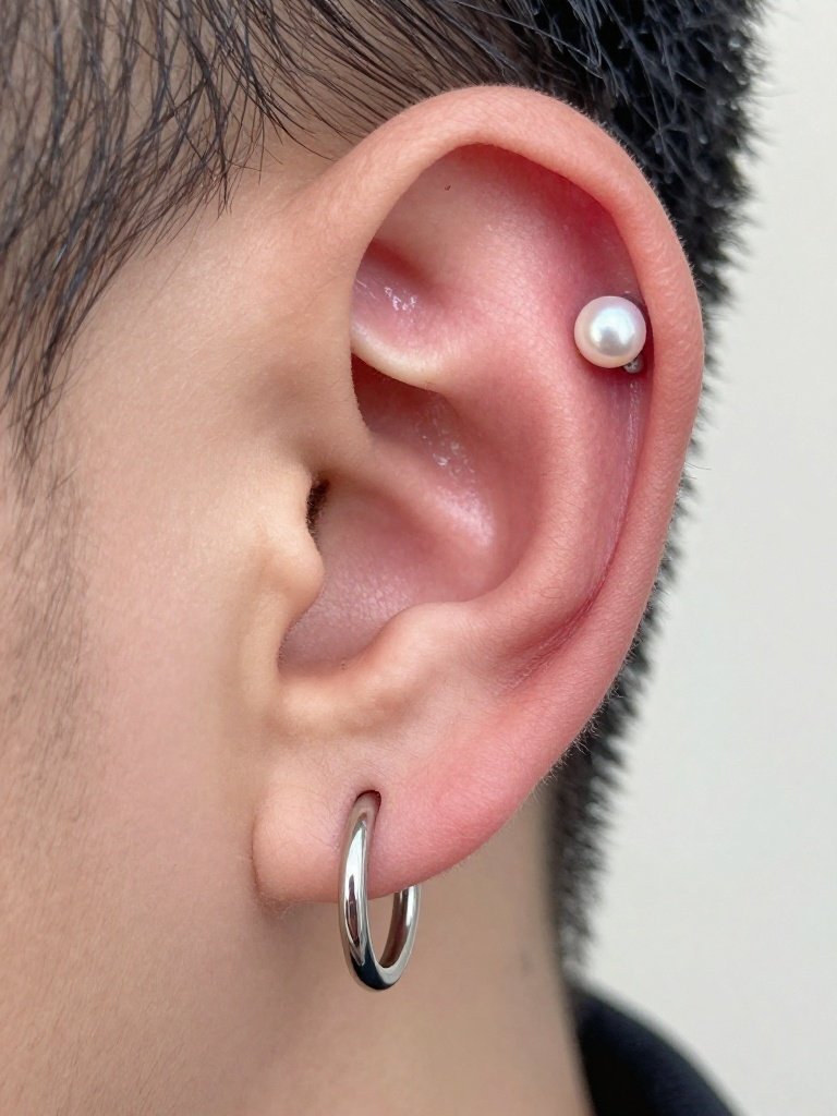 Double Ear Piercing Men With A Silver Stud And Huggie