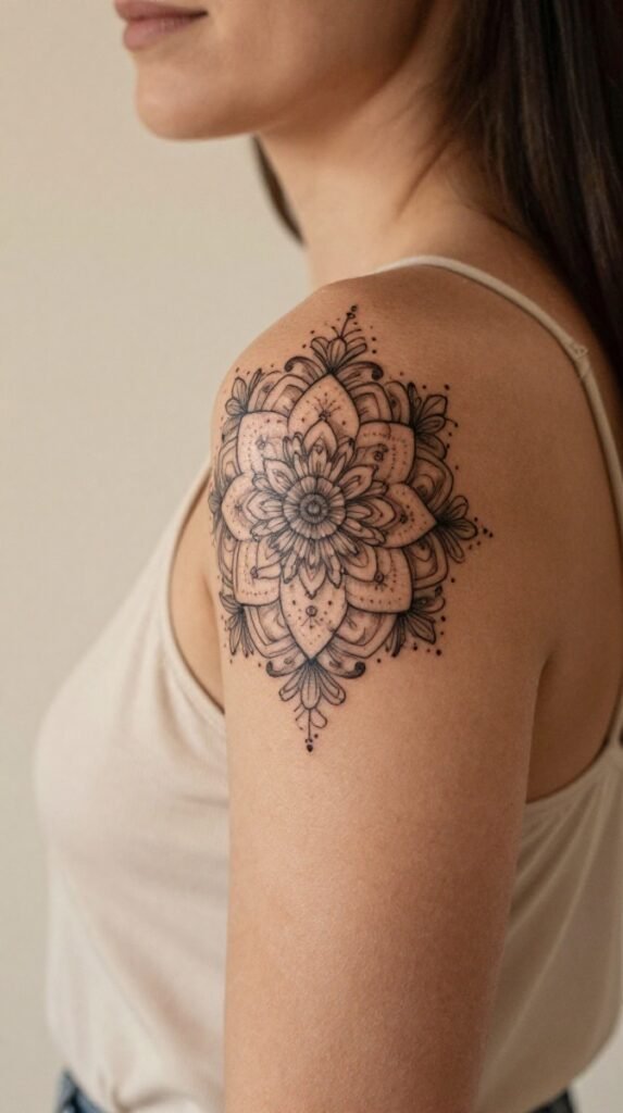 7. Shoulder Cap Ornamental Tattoo With Floral Filigree