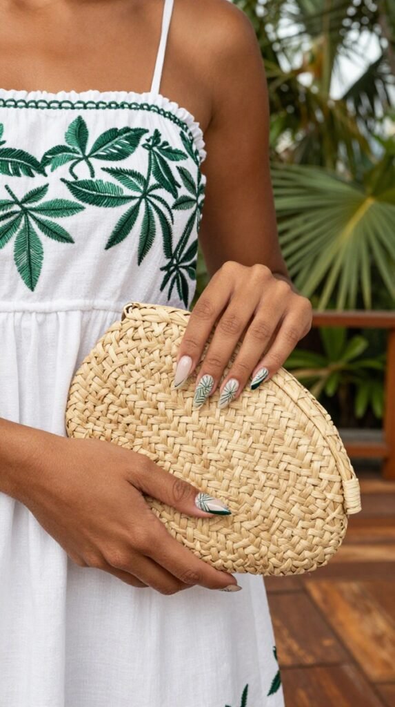 7. Tropical Leaf Negative Space Nails With Fine Botanical Line Work