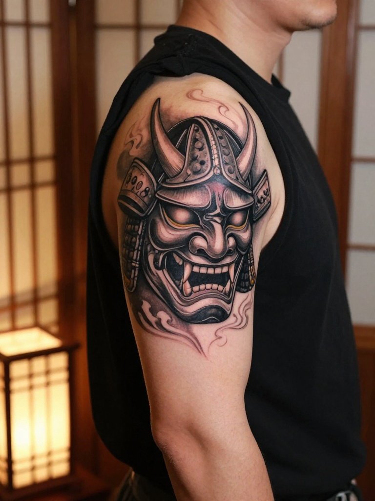 15. Samurai Mask Shoulder Tattoo Men Idea With Sharp Contrast