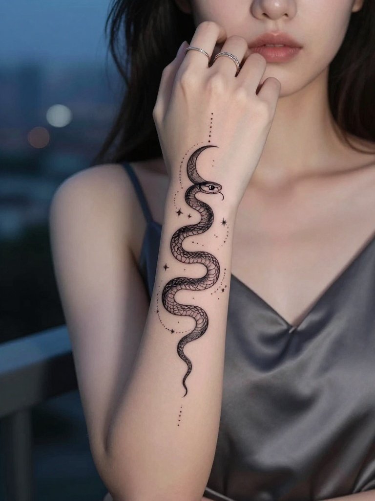 Snake Hand Tattoo Women Meaning With Crescent Moon