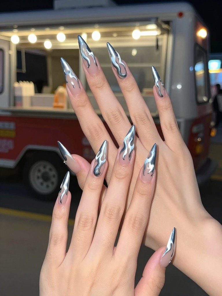 Lollapalooza Nails Acrylic With Metallic Silver Flames
