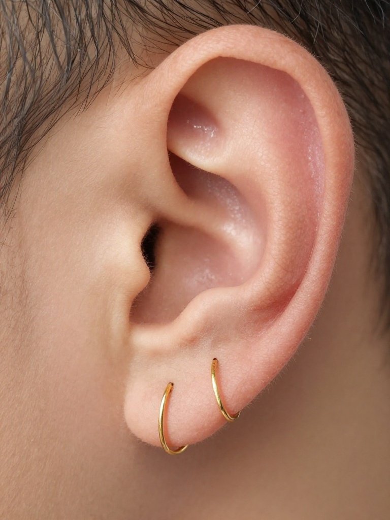  Double Ear Piercing Men With Two Tiny Gold Hoops