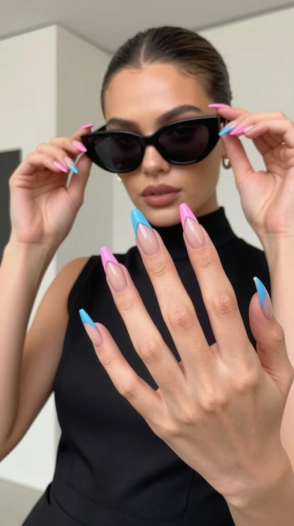 Pink and Blue French Tip Nails: 18 High-Quality Designs Worth Saving 9 9. Pink and Blue French Tip Nails With Sharp V-Cut Angles