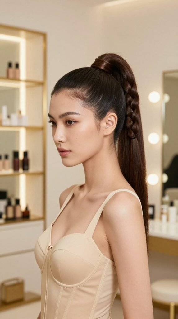 6. Braided Base High Ponytail Hairstyle With Wrapped Detail
