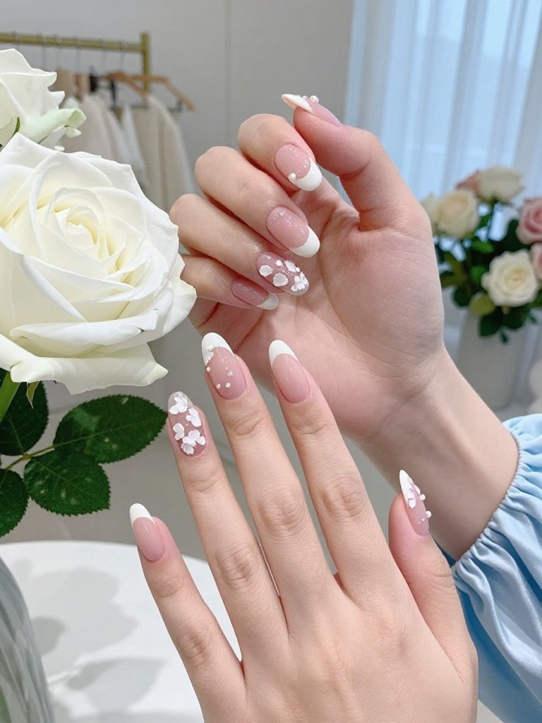 1. Wedding Nails French With Soft Tips and 3D Petals